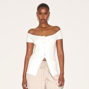 ECRU RIB KNIT BUTTON UP BARDOT SPLIT HEM TOP